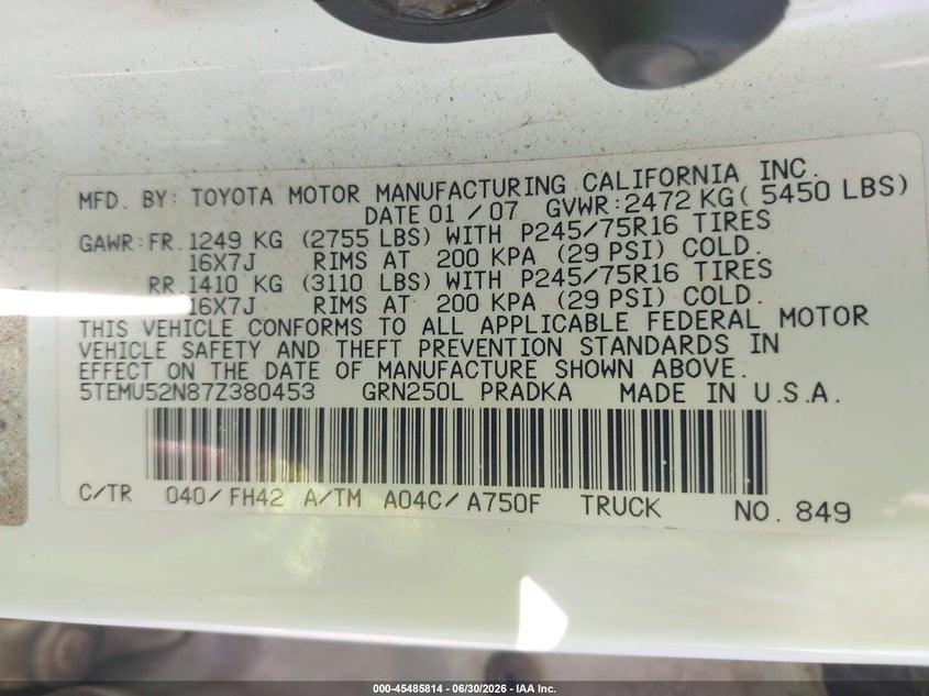 2007 Toyota Tacoma VIN 5TEMU52N87Z380453 IAAI salvage auction — FRONT END, Clear (Arkansas), sold $2,650 on 2026-07-30 (photo 9)