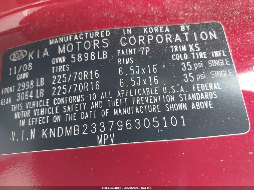2009 Kia SEDONA VIN KNDMB233796305101 IAAI salvage auction — REAR END, Salvage (North Carolina), sold $25 on 2026-07-30 (photo 9)