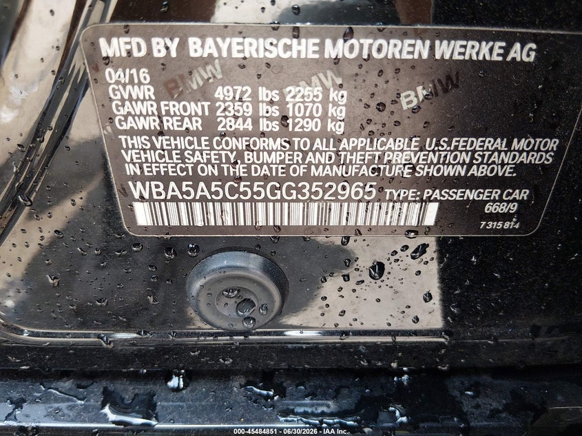 2016 BMW 5er VIN WBA5A5C55GG352965 IAAI salvage auction — FRONT END, Salvage (North Carolina), sold $1,200 on 2026-08-03 (photo 9)