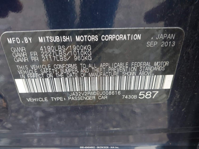 2014 Mitsubishi Lancer VIN JA32V2FW0EU008616 IAAI salvage auction — NORMAL WEAR, Clear (Pennsylvania), sold $950 on 2026-07-07 (photo 9)