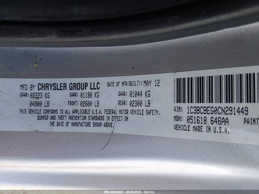 2012 Chrysler 200 VIN 1C3BCBEG0CN291449 IAAI salvage auction — FRONT END, Clear (Nevada), sold $450 on 2026-07-26 (photo 9)