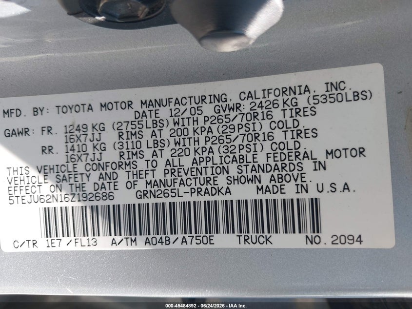 2006 Toyota Tacoma VIN 5TEJU62N16Z192686 IAAI salvage auction — FRONT END, Salvage Title - Dealer (California), sold $8,600 on 2026-07-15 (photo 9)