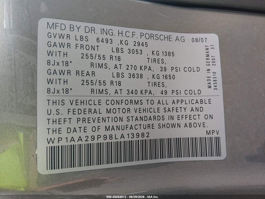 2008 Porsche Cayenne VIN WP1AA29P98LA13982 IAAI salvage auction — FRONT & REAR, Salvage - Greater Than 75% (Maryland), sold $400 on 2026-07-29 (photo 9)