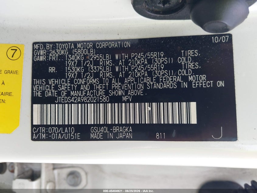 2008 Toyota Highlander VIN JTEDS42A982021580 IAAI salvage auction — NORMAL WEAR, Clear (Florida), sold $3,550 on 2026-07-13 (photo 9)