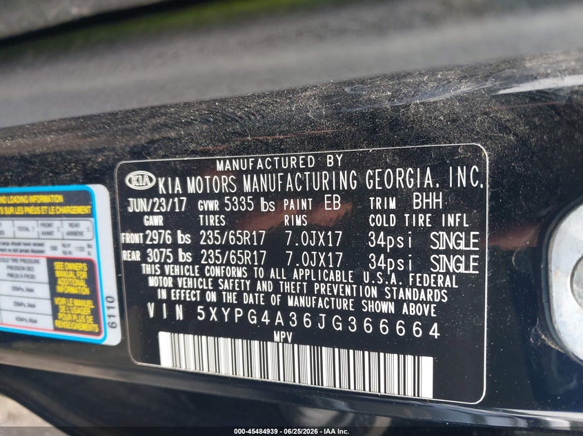 2018 Kia Sorento VIN 5XYPG4A36JG366664 IAAI salvage auction — NORMAL WEAR, Clear (North Carolina), sold $2,550 on 2026-07-23 (photo 9)