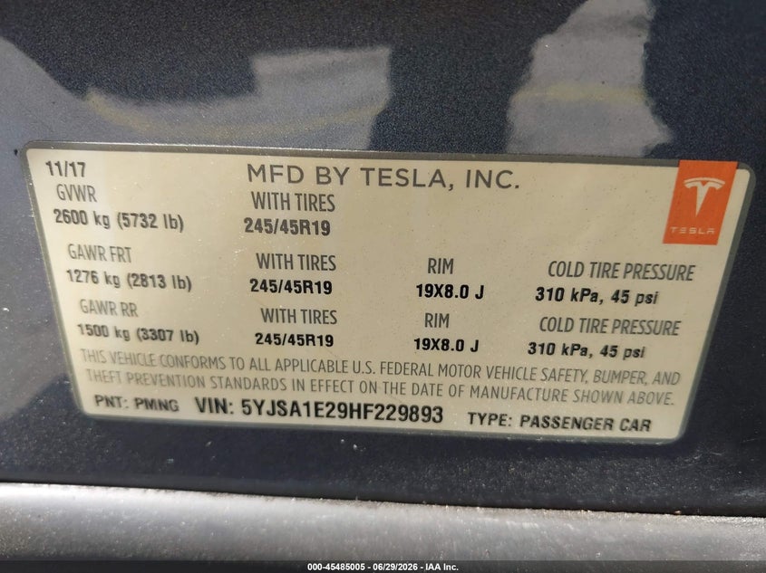 2017 Tesla Model s VIN 5YJSA1E29HF229893 IAAI salvage auction — SIDE, Salvage Title, sold $5,500 on 2026-07-16 (photo 9)