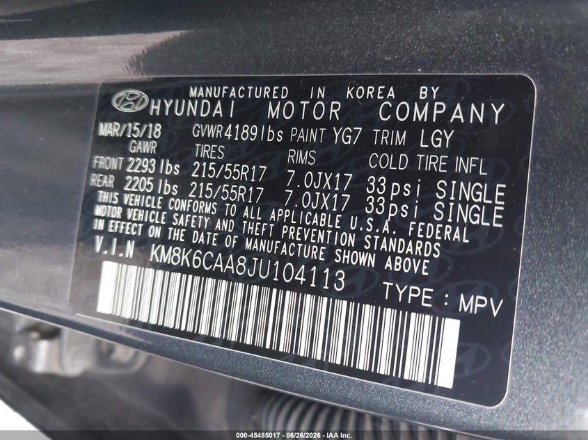 2018 Hyundai Kona VIN KM8K6CAA8JU104113 IAAI salvage auction — RIGHT FRONT, Mv-907A (New York), sold $1,850 on 2026-07-07 (photo 9)