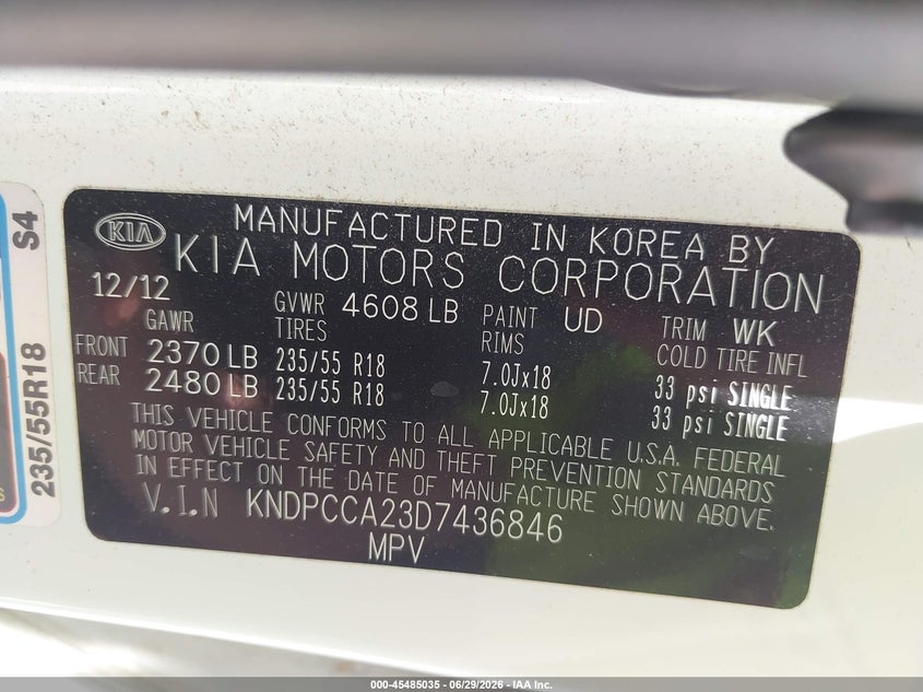 2013 Kia Sportage VIN KNDPCCA23D7436846 IAAI salvage auction — LEFT SIDE, Salvage Title, sold $2,250 on 2026-07-24 (photo 9)