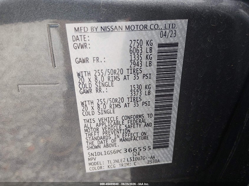 2023 Infiniti Qx60 VIN 5N1DL1GS6PC366555 IAAI salvage auction — RIGHT REAR, Bill Of Sale (Washington), sold $8,300 on 2026-08-19 (photo 9)