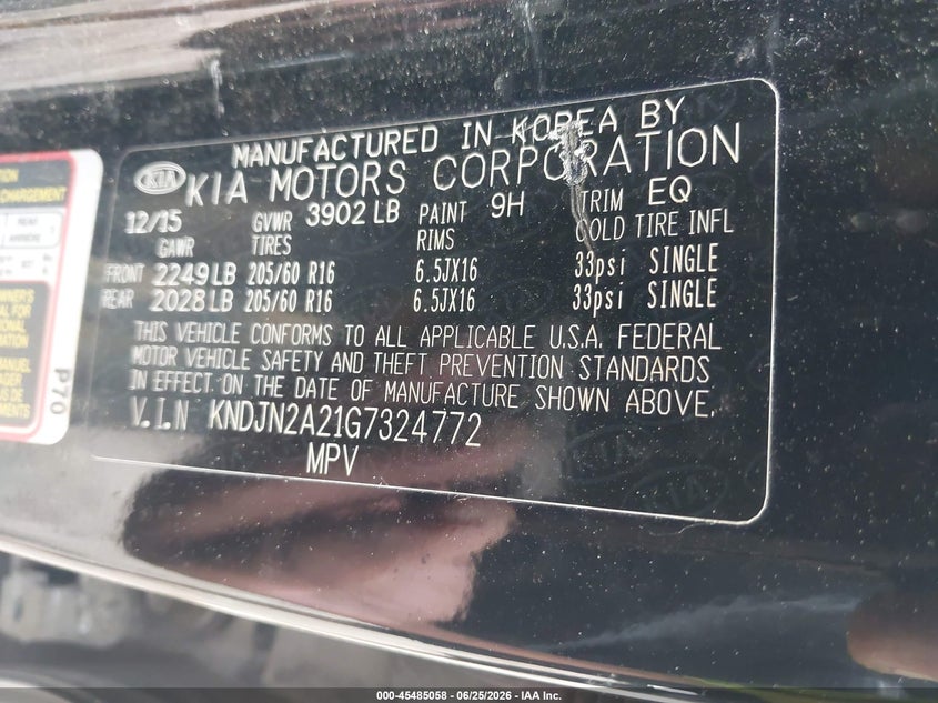 2016 Kia Soul VIN KNDJN2A21G7324772 IAAI salvage auction — NORMAL WEAR, Clear (Indiana), sold $350 on 2026-07-15 (photo 9)