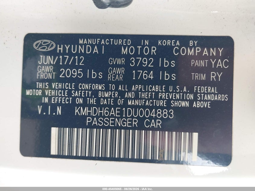 2013 Hyundai Elantra VIN KMHDH6AE1DU004883 IAAI salvage auction — NORMAL WEAR, Clear (Massachusetts), sold $400 on 2026-07-24 (photo 9)