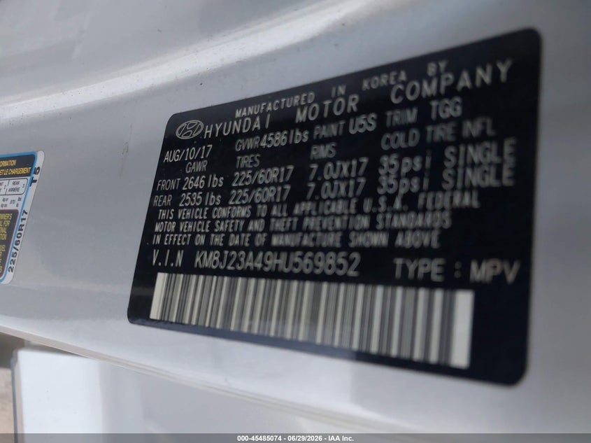 2017 Hyundai Tucson VIN KM8J23A49HU569852 IAAI salvage auction — NORMAL WEAR, Salvage Title, sold $2,075 on 2026-07-14 (photo 9)