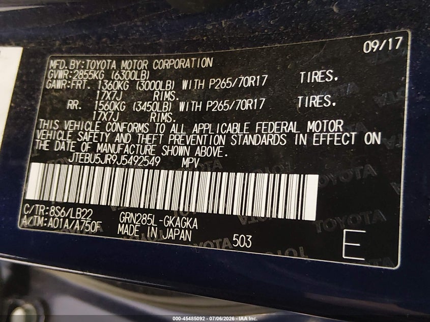 2018 Toyota 4runner VIN JTEBU5JR9J5492549 IAAI salvage auction — LEFT FRONT, Bill Of Sale (Washington), sold $10,800 on 2026-07-25 (photo 9)