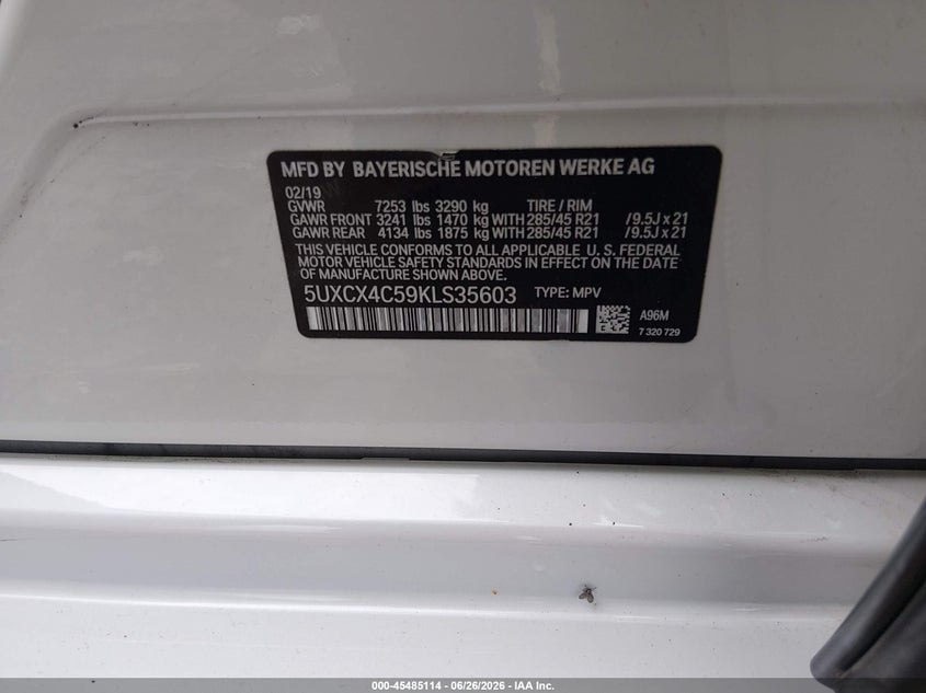 2019 BMW X7 VIN 5UXCX4C59KLS35603 IAAI salvage auction — FRONT END, Salvage (Arkansas), sold $13,800 on 2026-07-18 (photo 9)