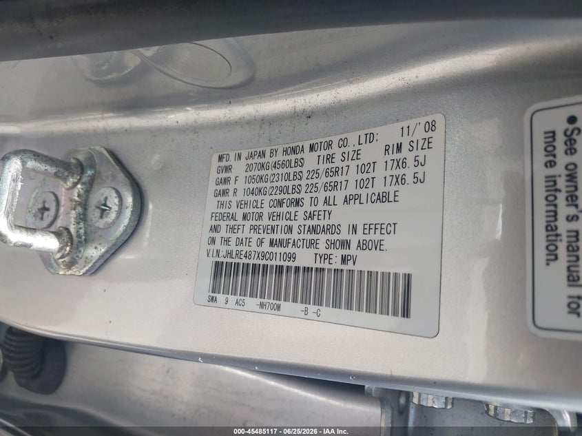 2009 Honda Cr-v VIN JHLRE487X9C011099 IAAI salvage auction — SIDE, Salvage (Connecticut), sold $2,025 on 2026-07-16 (photo 9)