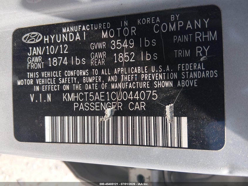 2012 Hyundai Accent VIN KMHCT5AE1CU044075 IAAI salvage auction — NORMAL WEAR, Clear (Delaware), sold $750 on 2026-07-27 (photo 9)