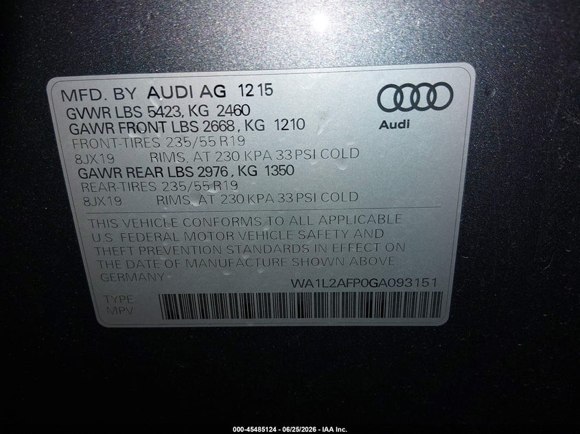 2016 Audi Q5 VIN WA1L2AFP0GA093151 IAAI salvage auction — FRONT END, Salvage (Idaho), sold $3,800 on 2026-07-24 (photo 9)
