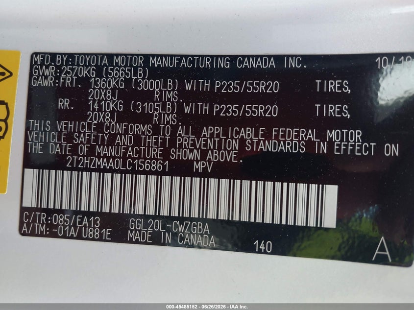 2020 Lexus Rx VIN 2T2HZMAA0LC156861 IAAI salvage auction — FRONT END, Salvage (Alabama), sold $9,100 on 2026-07-19 (photo 9)