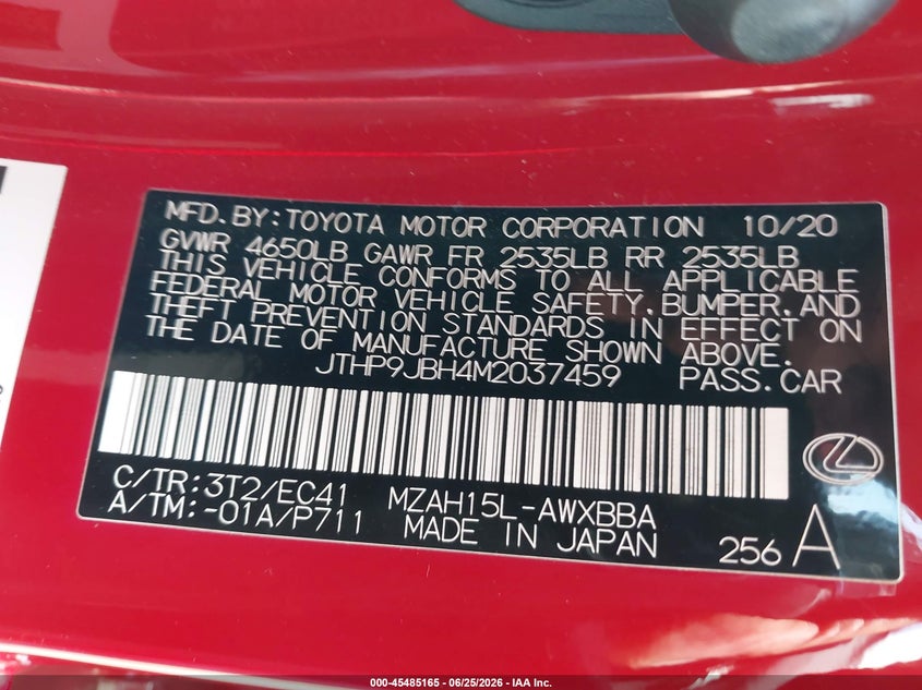 2021 Lexus Ux VIN JTHP9JBH4M2037459 IAAI salvage auction — FRONT END, Salvage Title, sold $10,900 on 2026-09-08 (photo 9)