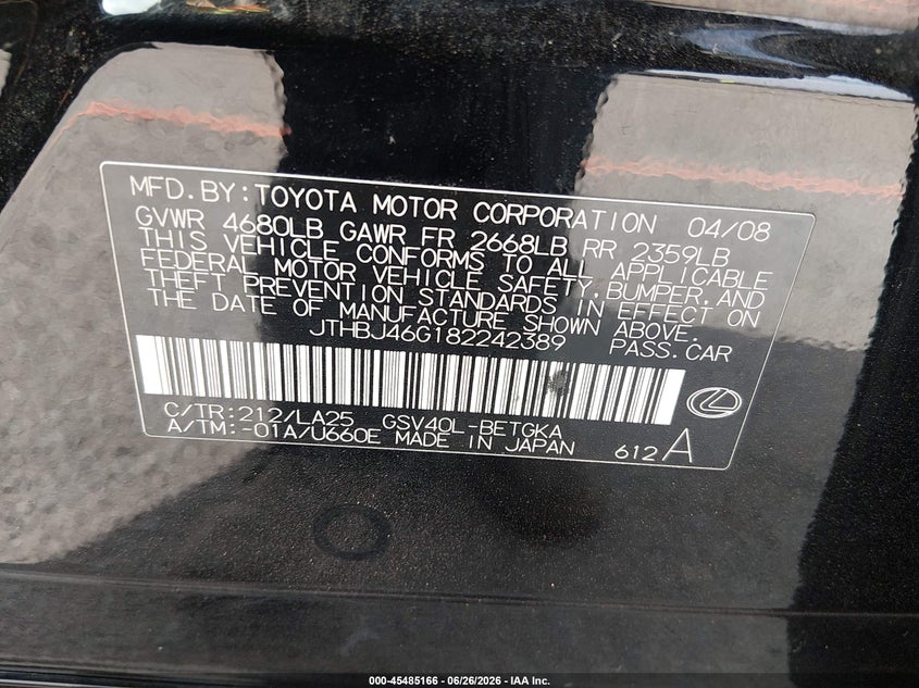 2008 Lexus ES VIN JTHBJ46G182242389 IAAI salvage auction — REAR END, Salvage (California), sold $800 on 2026-07-29 (photo 9)