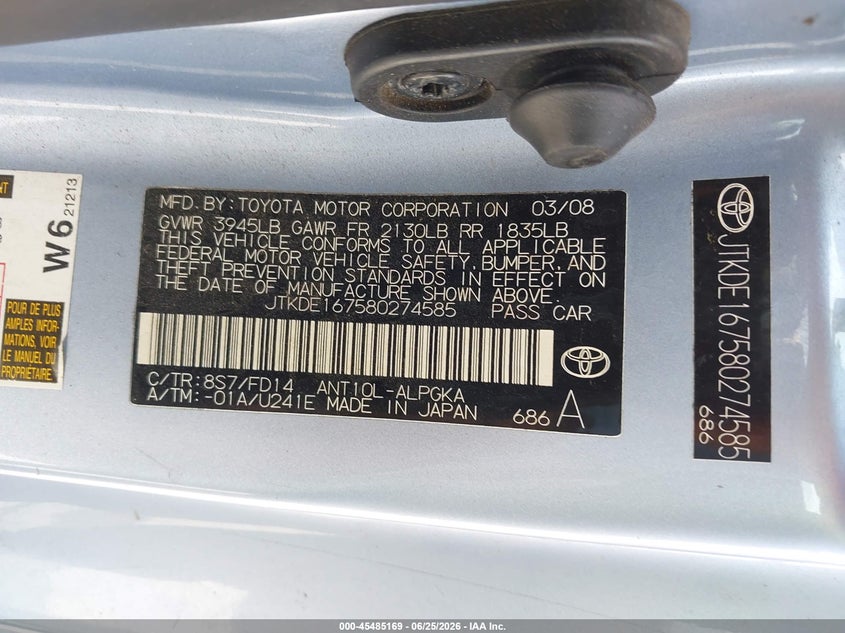 2008 Scion Tc VIN JTKDE167580274585 IAAI salvage auction — NORMAL WEAR, Original (Texas), sold $125 on 2026-08-03 (photo 9)