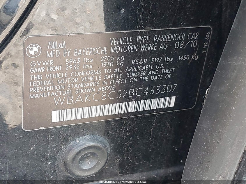 2011 BMW 7 series VIN WBAKC8C52BC433307 IAAI salvage auction — FRONT END, Clear (Florida), sold $650 on 2026-07-29 (photo 9)