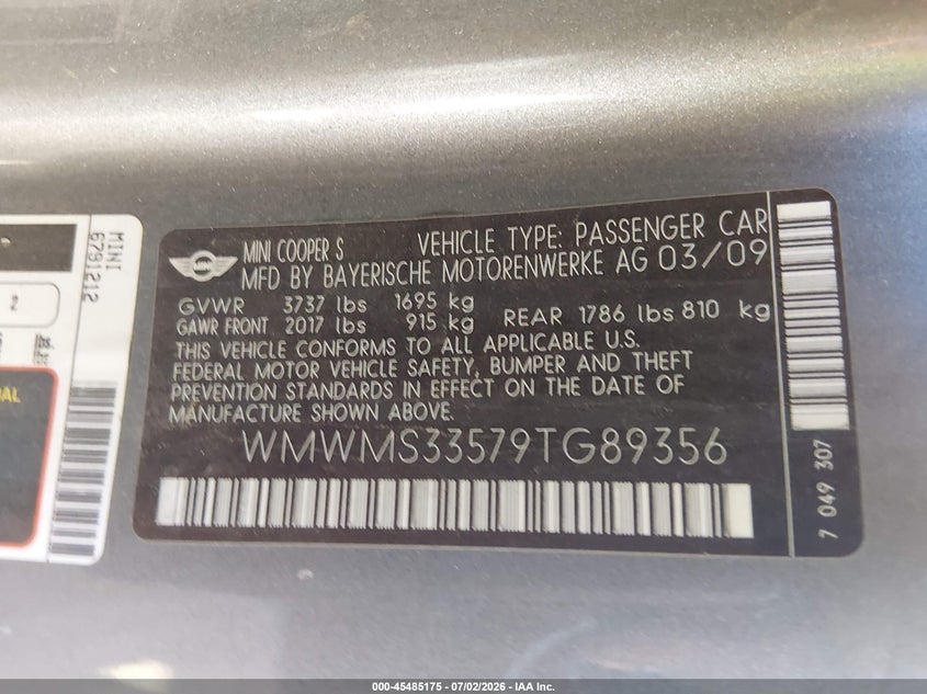 2009 Mini Cooper VIN WMWMS33579TG89356 IAAI salvage auction — NORMAL WEAR, Clear (Arizona), sold $600 on 2026-07-28 (photo 9)