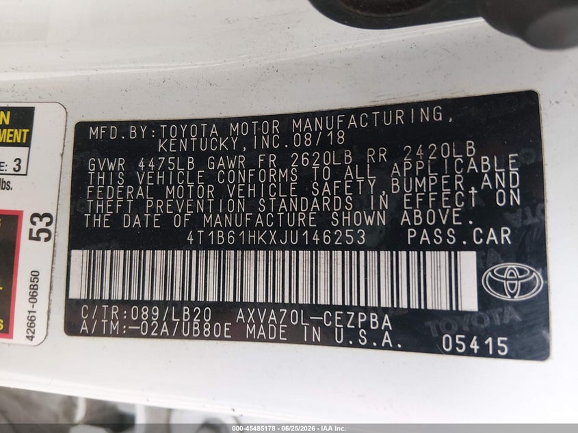 2018 Toyota Camry VIN 4T1B61HKXJU146253 IAAI salvage auction — FRONT END, Bill Of Sale (Washington), sold $3,400 on 2026-07-30 (photo 9)