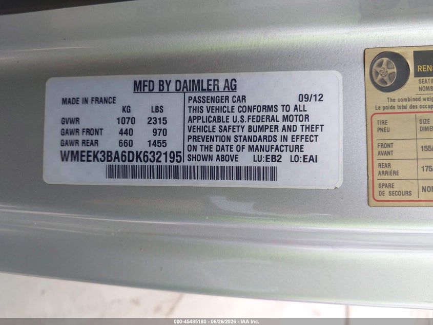 2013 Smart Fortwo VIN WMEEK3BA6DK632195 IAAI salvage auction — NORMAL WEAR, Clear (Arizona), sold $650 on 2026-07-21 (photo 9)