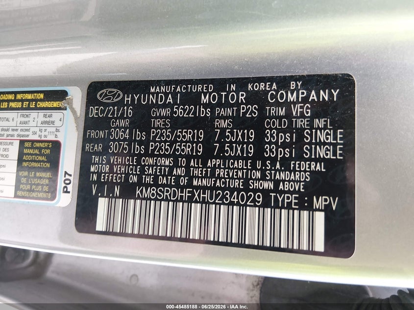 2017 Hyundai Santa fe VIN KM8SRDHFXHU234029 IAAI salvage auction — UNKNOWN, Salvage (Missouri), sold $3,300 on 2026-08-02 (photo 9)