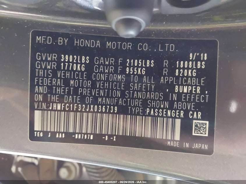 2018 Honda Civic VIN JHMFC1F32JX036739 IAAI salvage auction — RIGHT SIDE, Salvage (North Carolina), sold $4,200 on 2026-07-23 (photo 9)