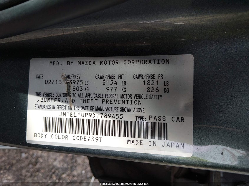 2013 Mazda 3 VIN JM1BL1UP9D1789455 IAAI salvage auction — RIGHT FRONT, Clear (Virginia), sold $550 on 2026-07-17 (photo 9)