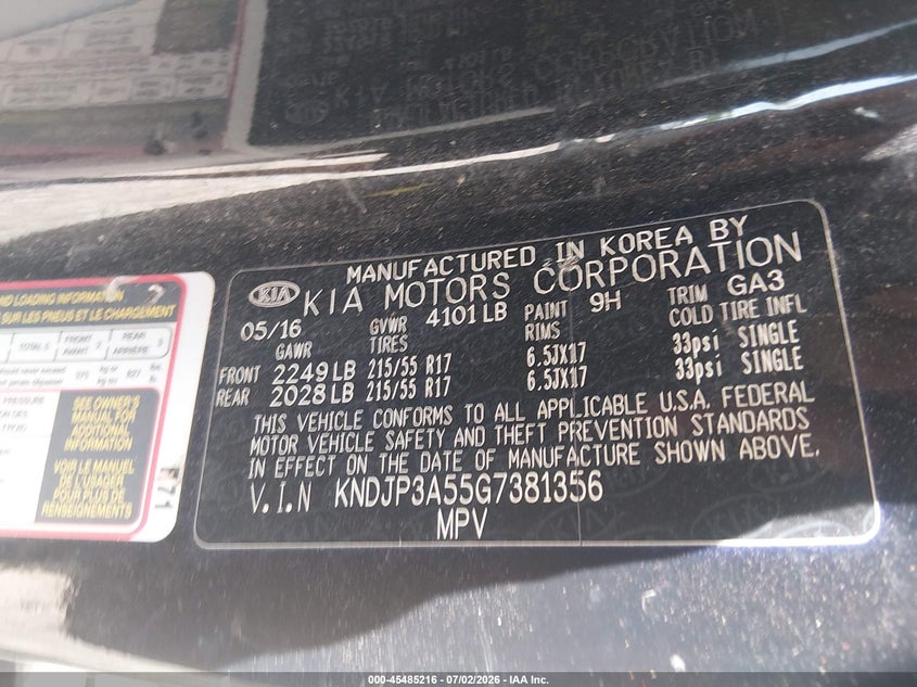 2016 Kia Soul VIN KNDJP3A55G7381356 IAAI salvage auction — REAR END, Salvage Title, sold $625 on 2026-07-29 (photo 9)