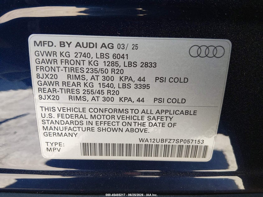 2025 Audi Q4 sportback e-tron VIN WA12UBFZ7SP057153 IAAI salvage auction — FRONT END, Salvage (California), sold $14,900 on 2026-08-09 (photo 9)