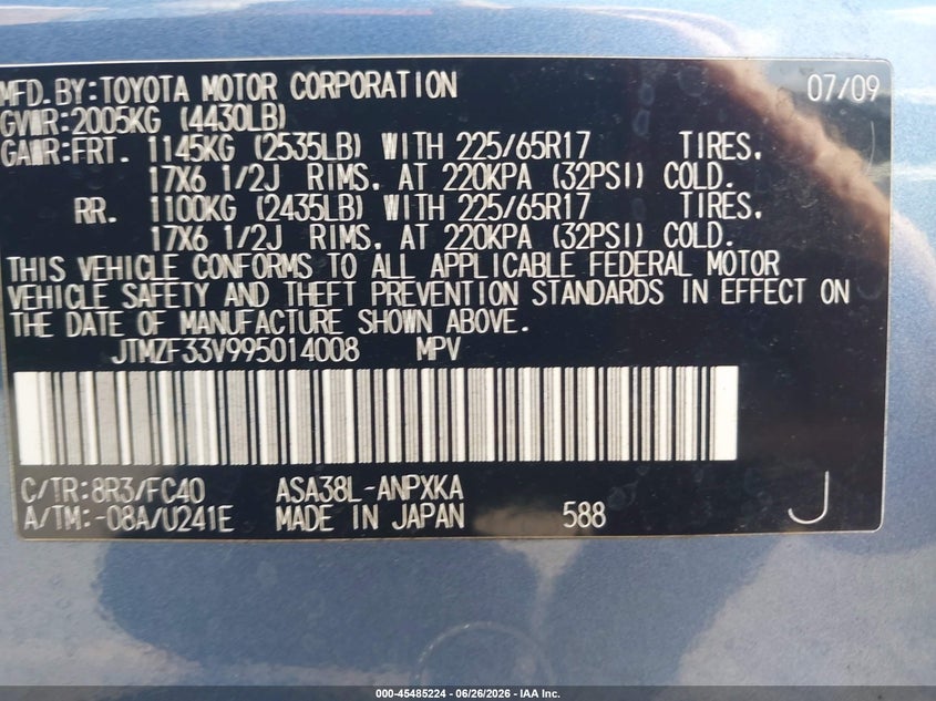 2009 Toyota Rav4 VIN JTMZF33V995014008 IAAI salvage auction — FRONT END, Salvage (California), sold $650 on 2026-07-13 (photo 9)