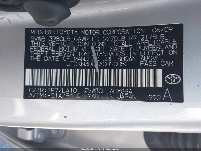 2010 Toyota Prius VIN JTDKN3DU4A0020052 IAAI salvage auction — FRONT END, Salvage (California), sold $1,150 on 2026-07-08 (photo 9)