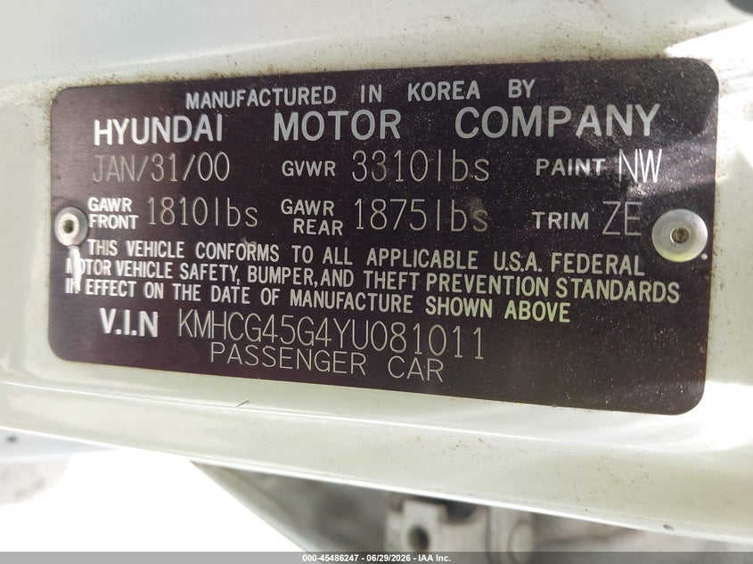 2000 Hyundai Accent VIN KMHCG45G4YU081011 IAAI salvage auction — NORMAL WEAR, Original (Texas), sold $225 on 2026-07-20 (photo 9)
