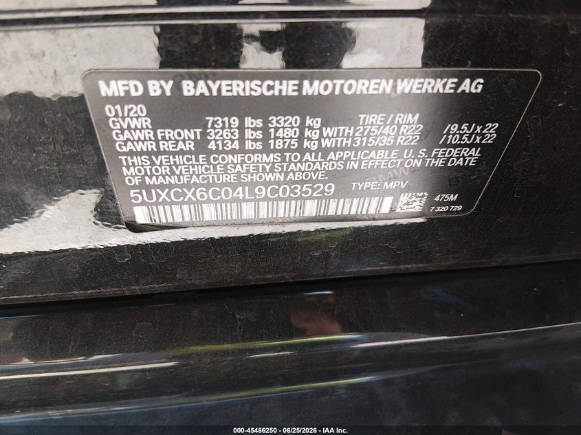 2020 BMW X7 VIN 5UXCX6C04L9C03529 IAAI salvage auction — NORMAL WEAR, Clear (Texas), sold $21,525 on 2026-07-30 (photo 9)