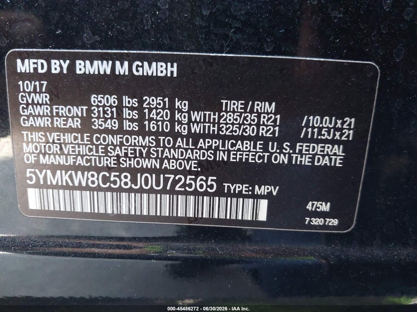 2018 BMW X6 m VIN 5YMKW8C58J0U72565 IAAI salvage auction — REAR END, Salvage Certificate (California), sold $16,650 on 2026-07-08 (photo 9)