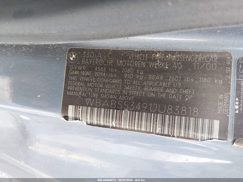 2001 BMW 3er VIN WBABS53491JU83818 IAAI salvage auction — FRONT END, Clear (Virginia), sold $300 on 2026-07-24 (photo 9)