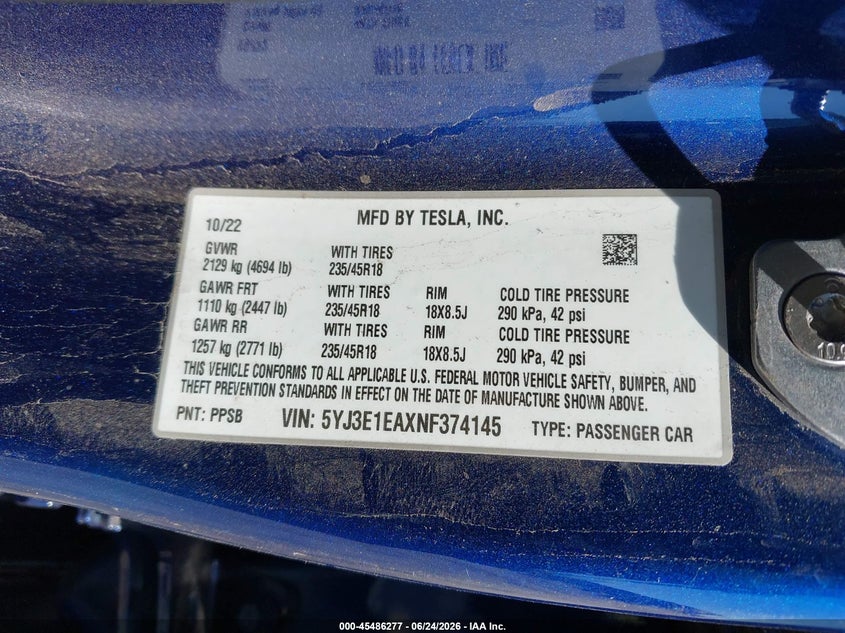 2022 Tesla Model 3 VIN 5YJ3E1EAXNF374145 IAAI salvage auction — SIDE, Salvage (California), sold $8,725 on 2026-07-22 (photo 9)