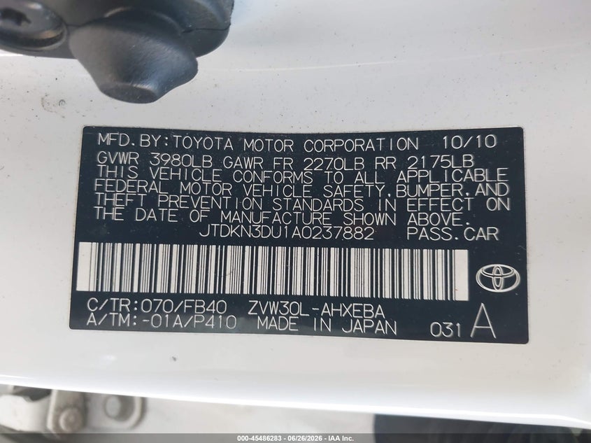 2010 Toyota Prius VIN JTDKN3DU1A0237882 IAAI salvage auction — HAIL, Original (Texas), sold $1,800 on 2026-08-02 (photo 9)