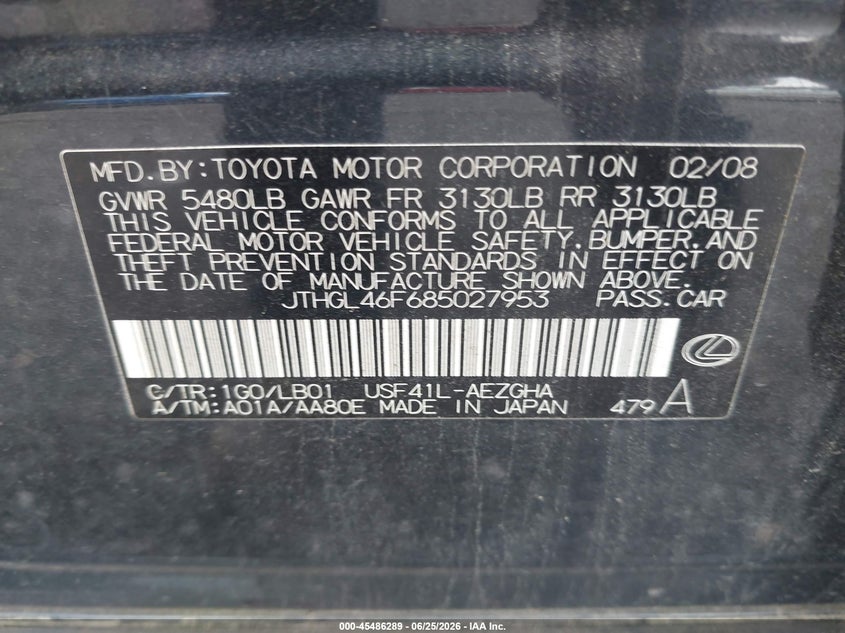 2008 Lexus Ls 460 VIN JTHGL46F685027953 IAAI salvage auction — NORMAL WEAR, Repossession Paperwork (South Carolina), sold $675 on 2026-07-21 (photo 9)
