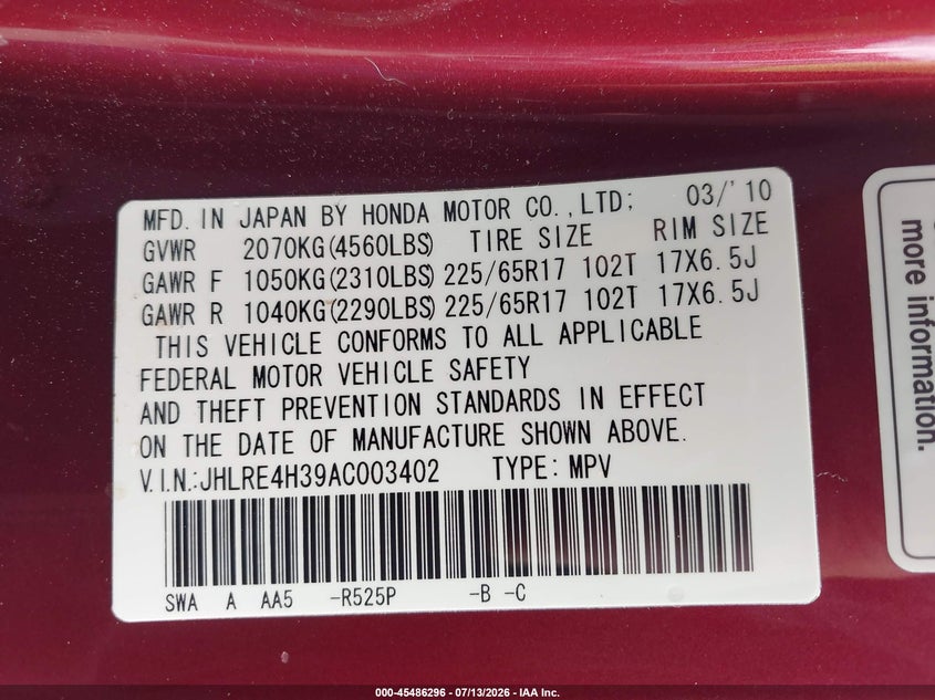 2010 Honda Cr-v VIN JHLRE4H39AC003402 IAAI salvage auction — NORMAL WEAR, Clear (Massachusetts), sold $975 on 2026-07-31 (photo 9)