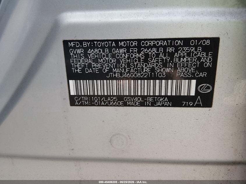 2008 Lexus Es 350 VIN JTHBJ46G082211103 IAAI salvage auction — NORMAL WEAR, Clear-Dealer Only (Arizona), sold $450 on 2026-07-30 (photo 9)