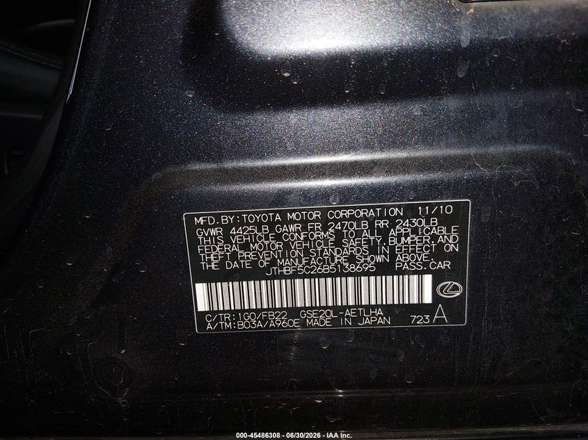 2011 Lexus Is 250 VIN JTHBF5C26B5138695 IAAI salvage auction — SIDE, Salvage (Arizona), sold $950 on 2026-07-21 (photo 9)