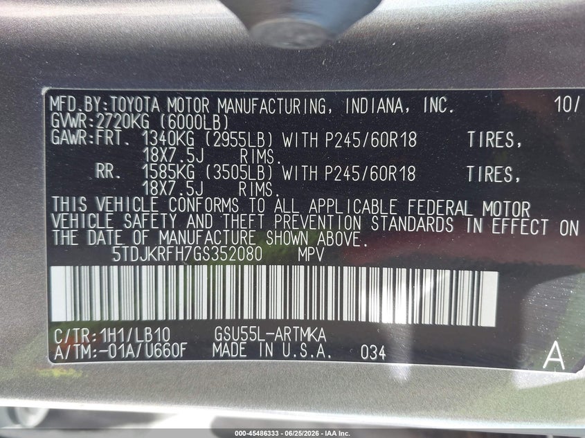 2016 Toyota Highlander VIN 5TDJKRFH7GS352080 IAAI salvage auction — FRONT END, Salvage (Colorado), sold $4,850 on 2026-07-29 (photo 9)