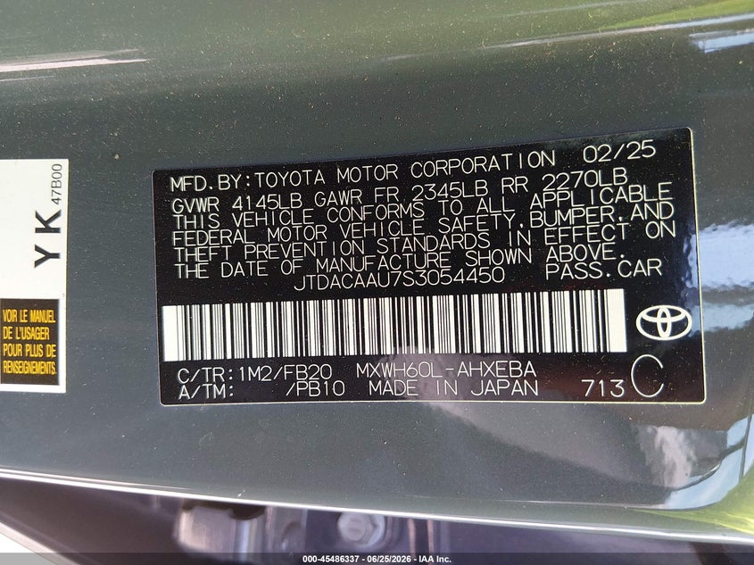 2025 Toyota Prius VIN JTDACAAU7S3054450 IAAI salvage auction — SIDE, Clear (Massachusetts), sold $18,300 on 2026-07-08 (photo 9)
