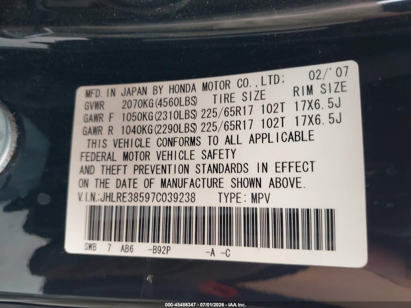 2007 Honda Cr-v VIN JHLRE38597C039238 IAAI salvage auction — REAR END, Salvage (California), sold $1,750 on 2026-07-09 (photo 9)