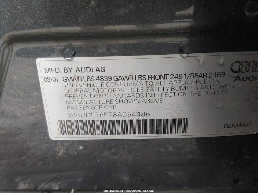 2008 Audi A4 VIN WAUDF78E78A054486 IAAI salvage auction — VANDALISM, Bill Of Sale (Washington), sold $325 on 2026-07-29 (photo 9)